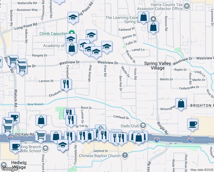 map of restaurants, bars, coffee shops, grocery stores, and more near 8851 Larston Street in Houston