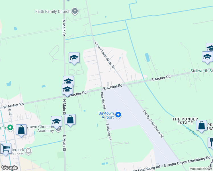 map of restaurants, bars, coffee shops, grocery stores, and more near 717 East Archer Road in Baytown