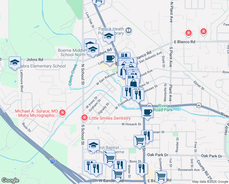 map of restaurants, bars, coffee shops, grocery stores, and more near 402 Yoalana Street in Boerne