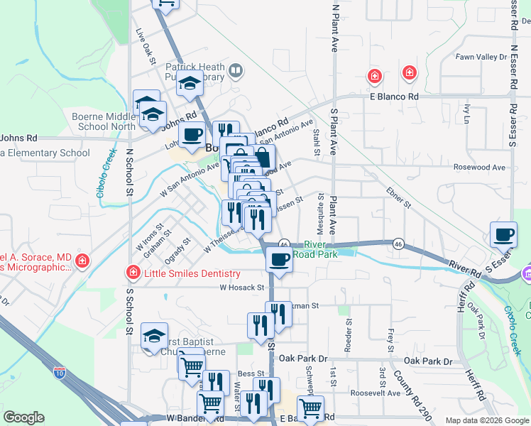 map of restaurants, bars, coffee shops, grocery stores, and more near 325 U.S. 87 Business in Boerne