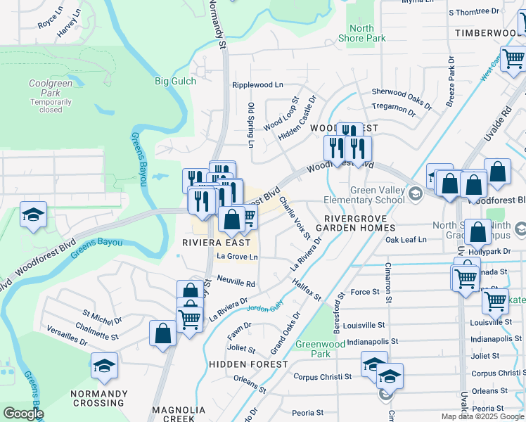 map of restaurants, bars, coffee shops, grocery stores, and more near 12700 Woodforest Boulevard in Houston