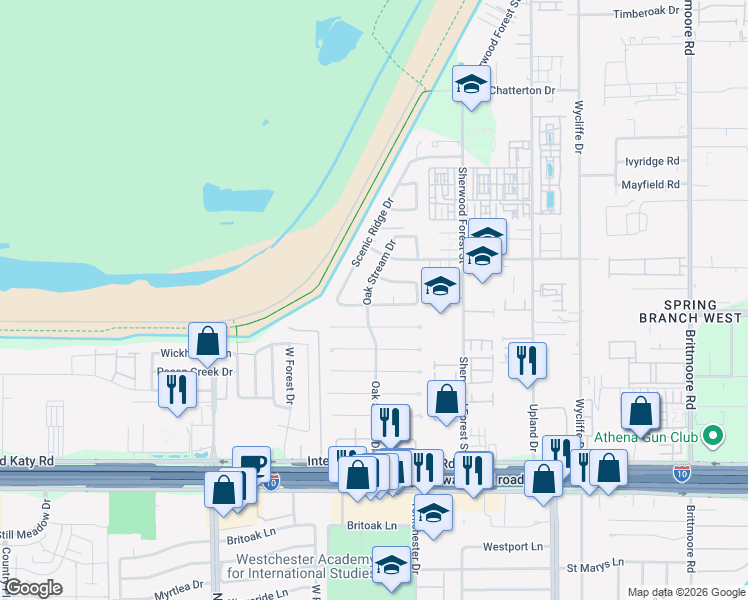 map of restaurants, bars, coffee shops, grocery stores, and more near 11314 Oak Spring Drive in Houston
