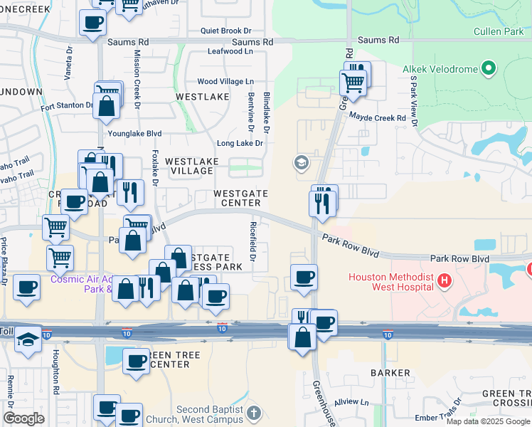 map of restaurants, bars, coffee shops, grocery stores, and more near 19300 Park Row in Houston