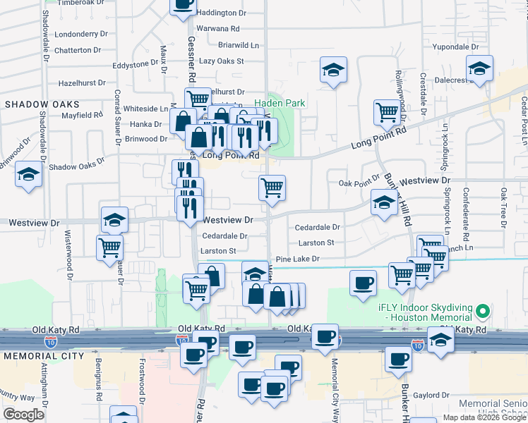 map of restaurants, bars, coffee shops, grocery stores, and more near 1255 Witte Road in Houston