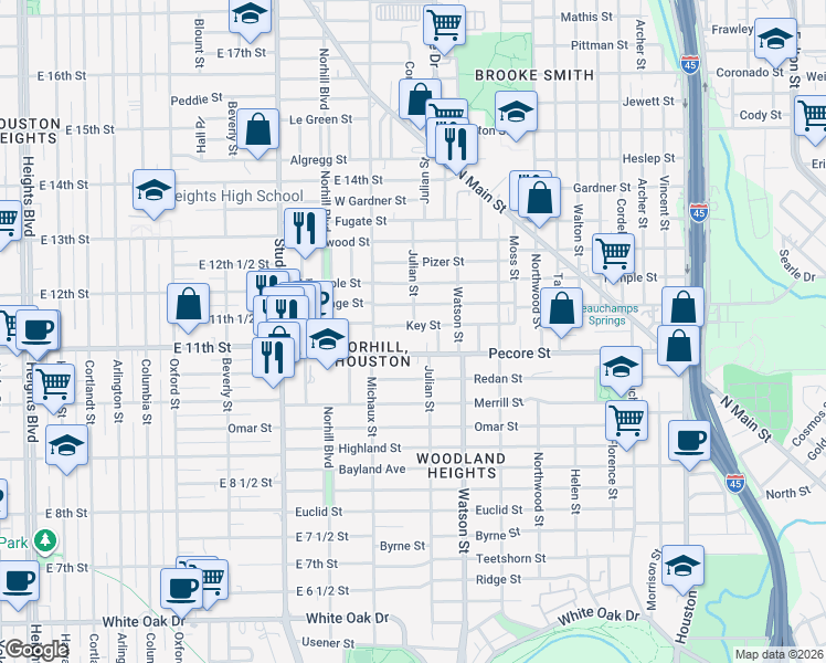 map of restaurants, bars, coffee shops, grocery stores, and more near 3721 Julian Street in Houston