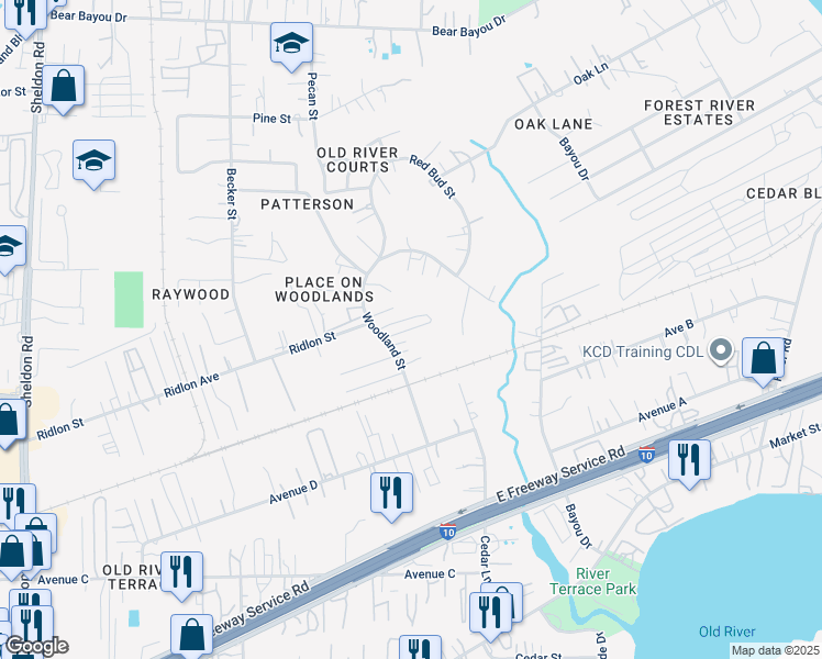 map of restaurants, bars, coffee shops, grocery stores, and more near 730 Woodland Street in Channelview