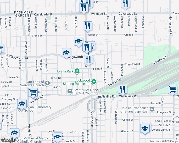 map of restaurants, bars, coffee shops, grocery stores, and more near 3536 Lockwood Drive in Houston