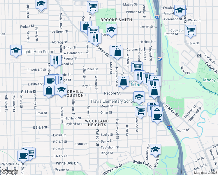 map of restaurants, bars, coffee shops, grocery stores, and more near 3712 Reagan Street in Houston
