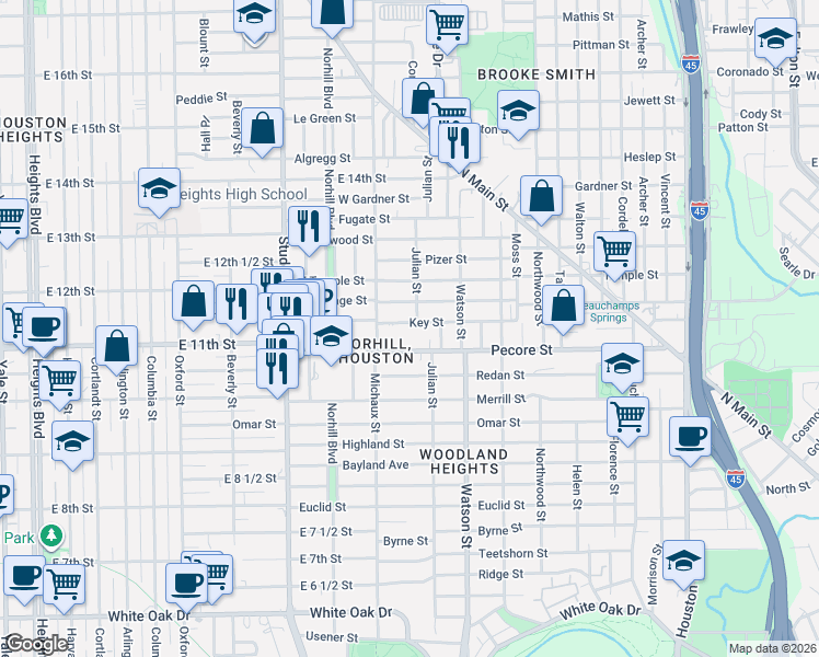 map of restaurants, bars, coffee shops, grocery stores, and more near 919 Key Street in Houston