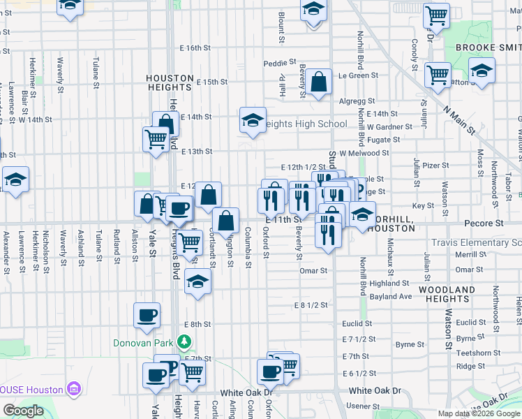 map of restaurants, bars, coffee shops, grocery stores, and more near 1123 Oxford Street in Houston