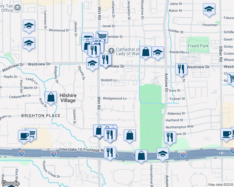 map of restaurants, bars, coffee shops, grocery stores, and more near 7723 Brykerwoods Drive in Houston