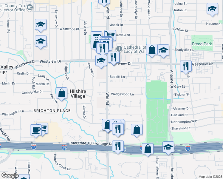 map of restaurants, bars, coffee shops, grocery stores, and more near 7823 Brykerwoods Drive in Houston