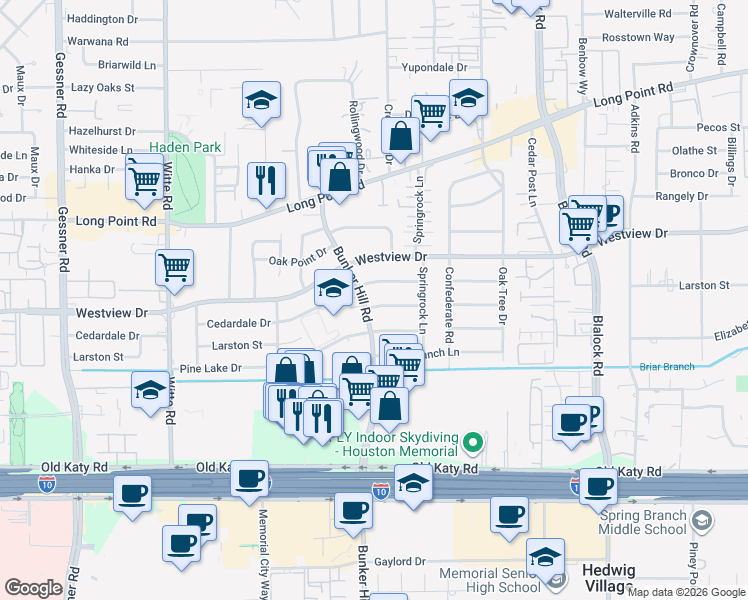 map of restaurants, bars, coffee shops, grocery stores, and more near 9745 Cedardale Drive in Houston