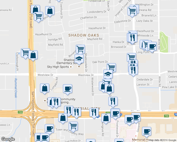 map of restaurants, bars, coffee shops, grocery stores, and more near 10330 Westview Drive in Houston
