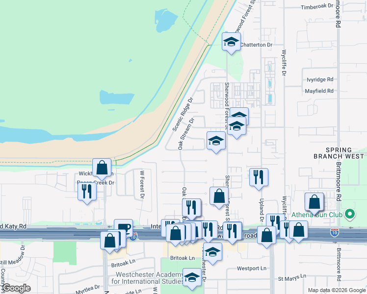 map of restaurants, bars, coffee shops, grocery stores, and more near 11314 Oak Spring Drive in Houston