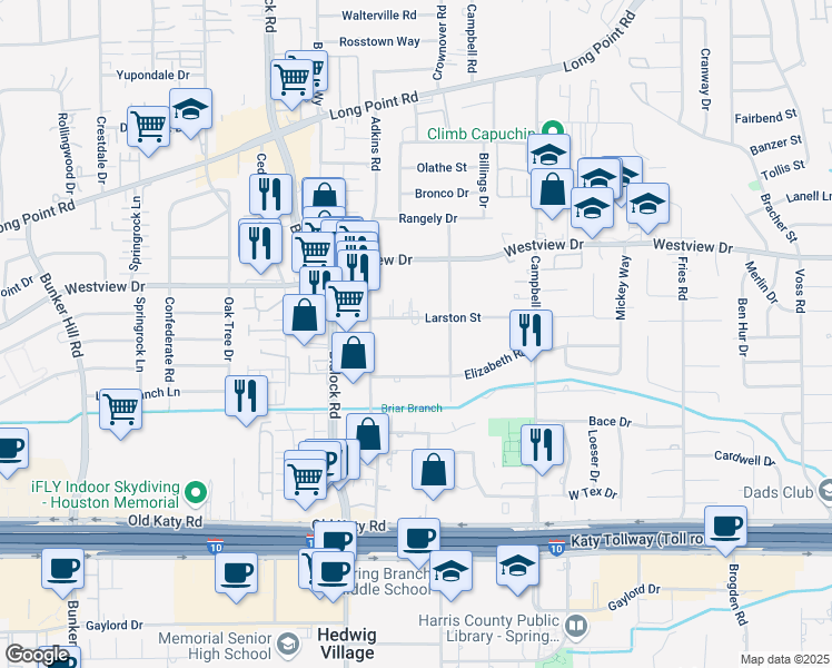 map of restaurants, bars, coffee shops, grocery stores, and more near 9221 Larston Street in Houston