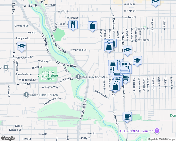 map of restaurants, bars, coffee shops, grocery stores, and more near 1115 Woodhill Road in Houston