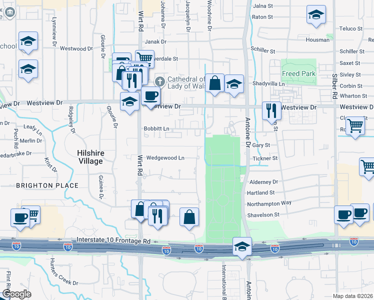 map of restaurants, bars, coffee shops, grocery stores, and more near 7619 Brykerwoods Drive in Houston