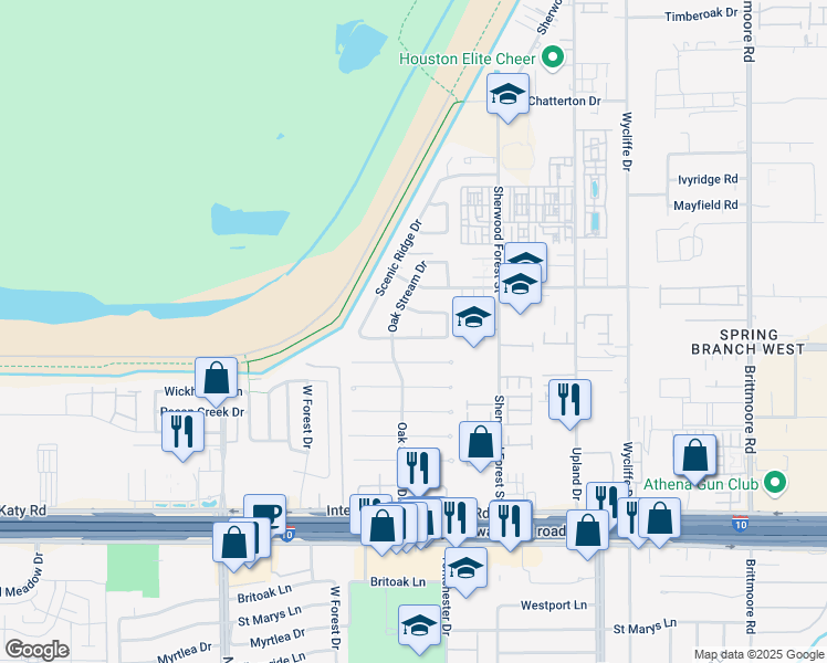 map of restaurants, bars, coffee shops, grocery stores, and more near 11314 Oak Spring Drive in Houston
