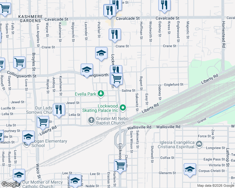 map of restaurants, bars, coffee shops, grocery stores, and more near 3536 Lockwood Drive in Houston