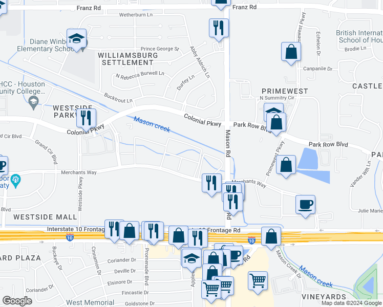 map of restaurants, bars, coffee shops, grocery stores, and more near 22130 Merchants Way in Katy
