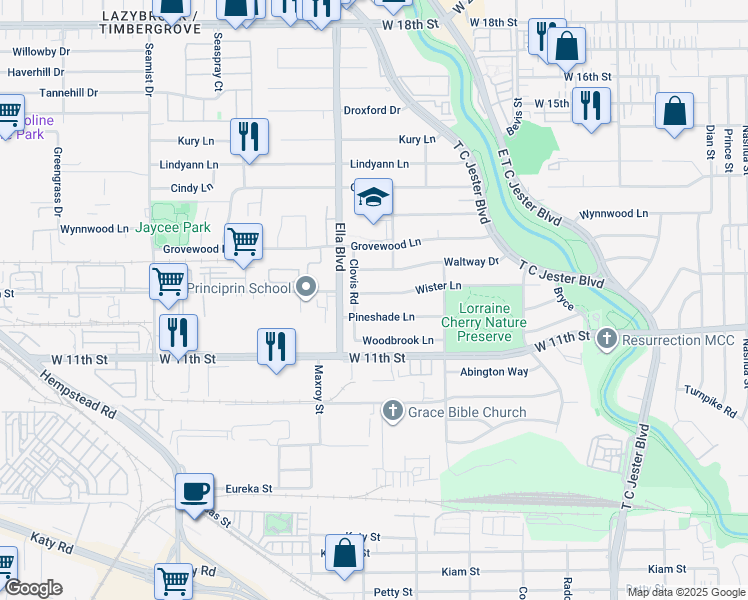 map of restaurants, bars, coffee shops, grocery stores, and more near 6423 Wister Lane in Houston