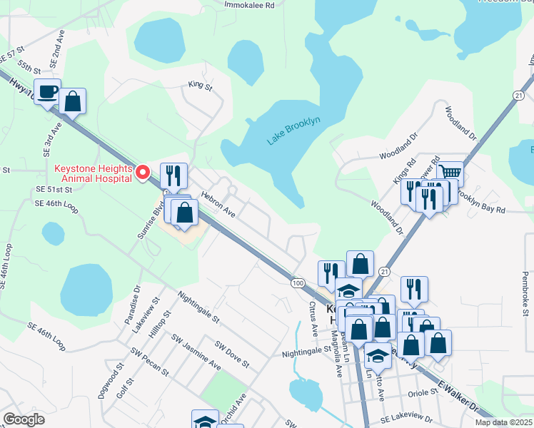 map of restaurants, bars, coffee shops, grocery stores, and more near 624 Bethel Street in Keystone Heights
