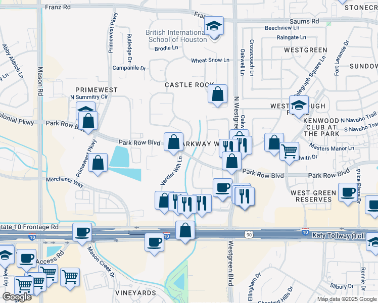 map of restaurants, bars, coffee shops, grocery stores, and more near 20718 Park Row Boulevard in Katy