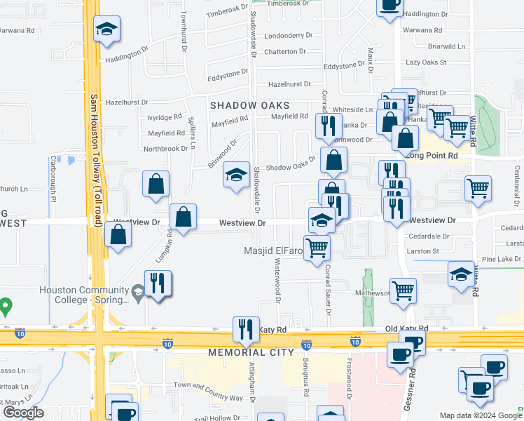 map of restaurants, bars, coffee shops, grocery stores, and more near 10330 Westview Drive in Houston