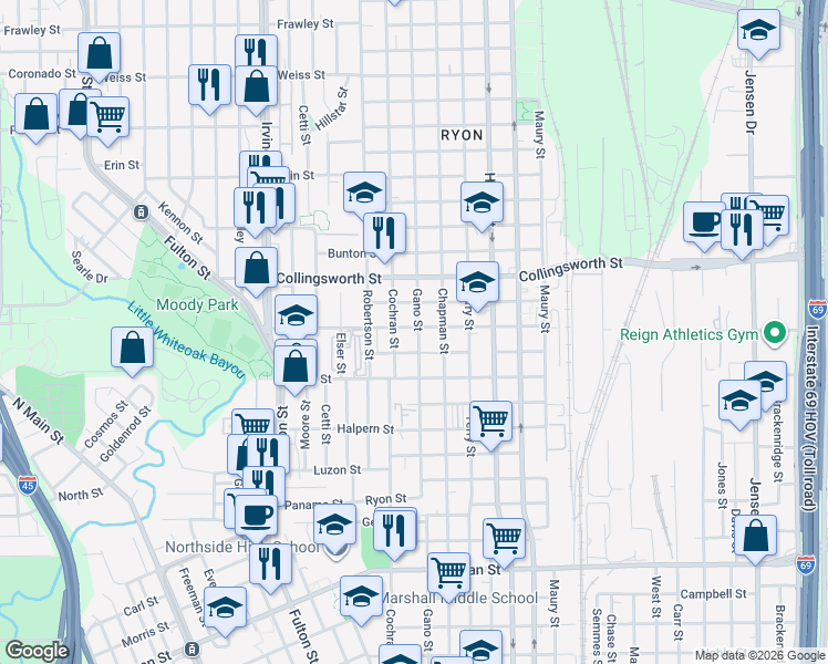 map of restaurants, bars, coffee shops, grocery stores, and more near 1218 Bigelow Street in Houston
