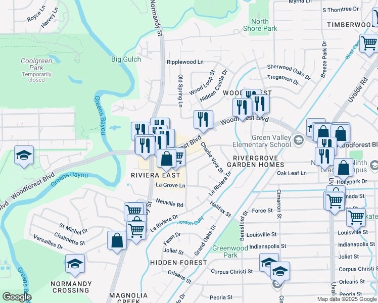map of restaurants, bars, coffee shops, grocery stores, and more near 12700 Woodforest Boulevard in Houston