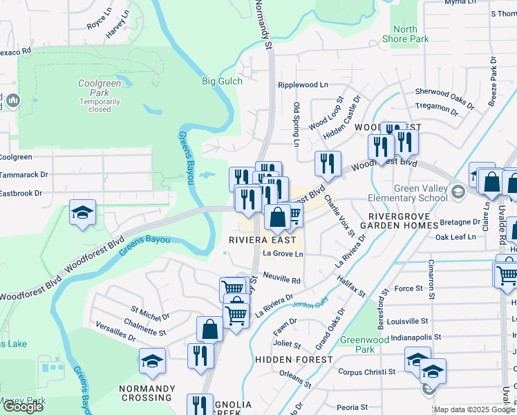 map of restaurants, bars, coffee shops, grocery stores, and more near Woodforest Blvd & Normandy St in Houston
