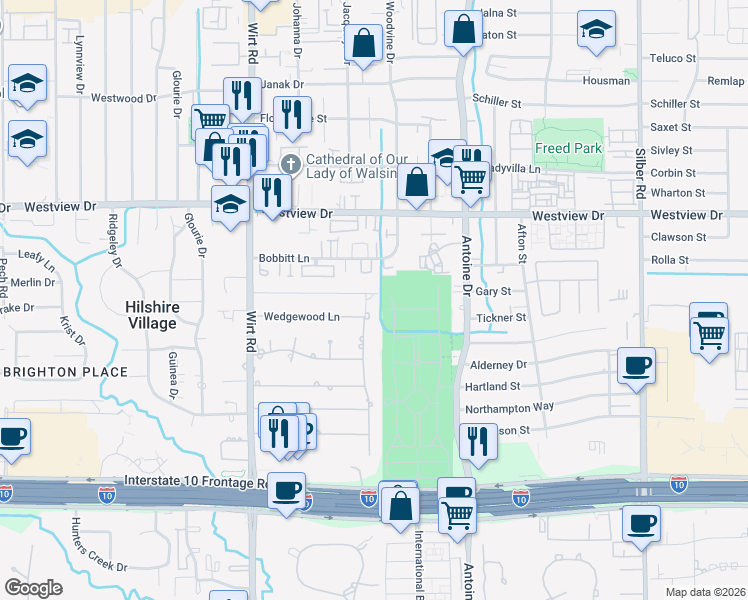 map of restaurants, bars, coffee shops, grocery stores, and more near 1306 Danbury Road in Houston