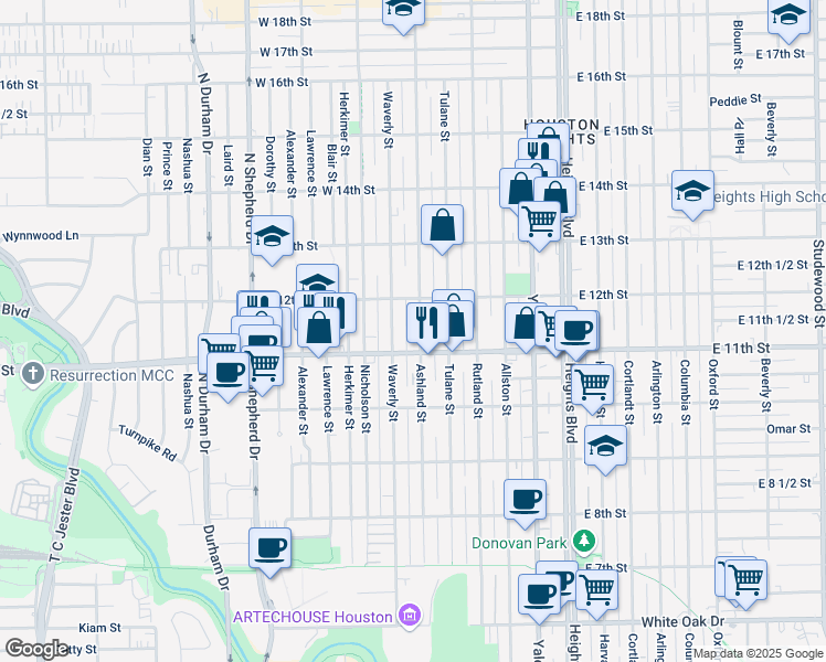 map of restaurants, bars, coffee shops, grocery stores, and more near 1128 Ashland Street in Houston