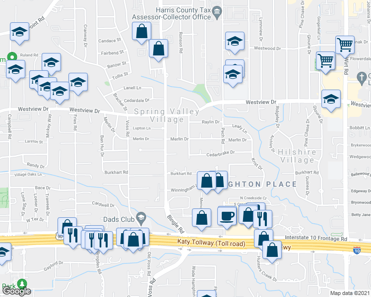 map of restaurants, bars, coffee shops, grocery stores, and more near 1305 Modiste Street in Houston