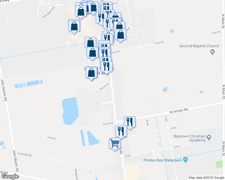 map of restaurants, bars, coffee shops, grocery stores, and more near 6120 Garth Road in Baytown