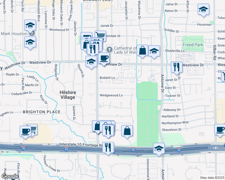 map of restaurants, bars, coffee shops, grocery stores, and more near 7723 Brykerwoods Drive in Houston