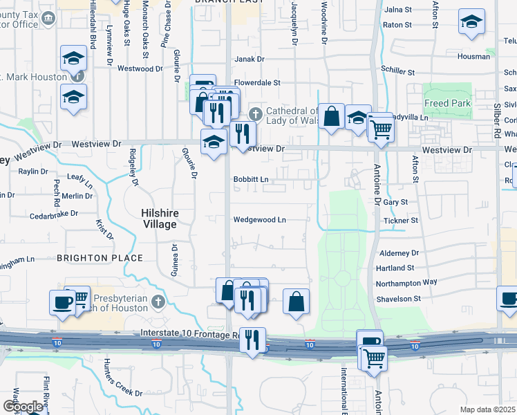 map of restaurants, bars, coffee shops, grocery stores, and more near 7803 Brykerwoods Drive in Houston