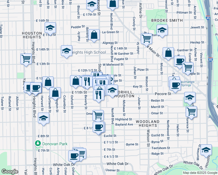 map of restaurants, bars, coffee shops, grocery stores, and more near 1110 Key Street in Houston