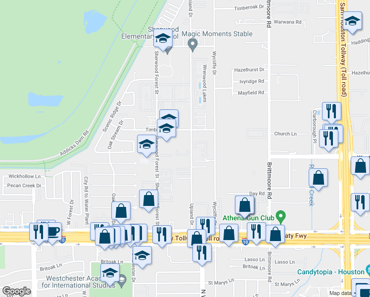 map of restaurants, bars, coffee shops, grocery stores, and more near 1417 Upland Drive in Houston