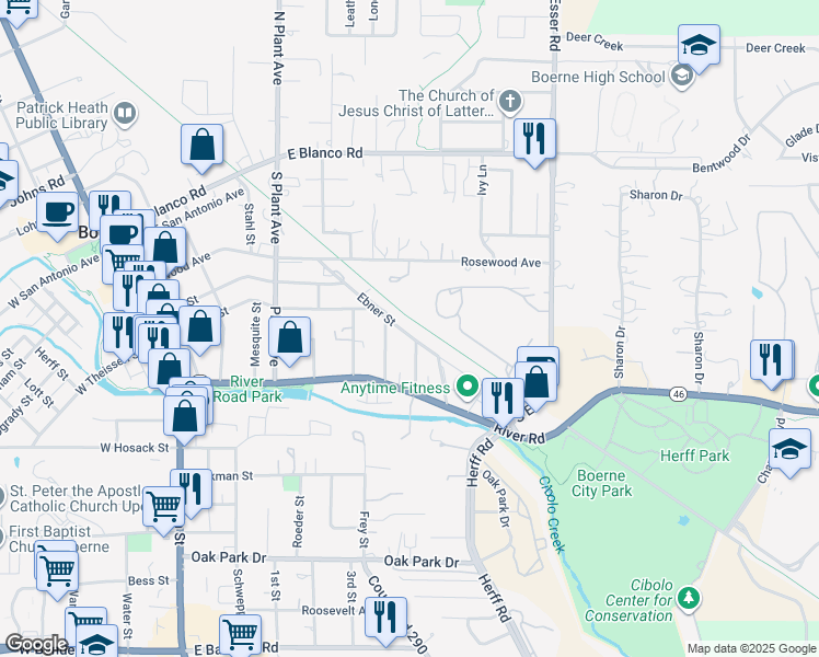 map of restaurants, bars, coffee shops, grocery stores, and more near 331 Ebner Street in Boerne