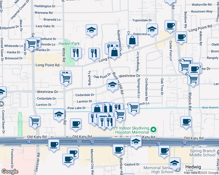 map of restaurants, bars, coffee shops, grocery stores, and more near 9762 Cedardale Drive in Houston