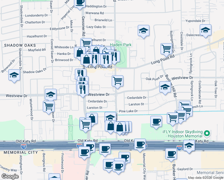 map of restaurants, bars, coffee shops, grocery stores, and more near 1255 Witte Road in Houston
