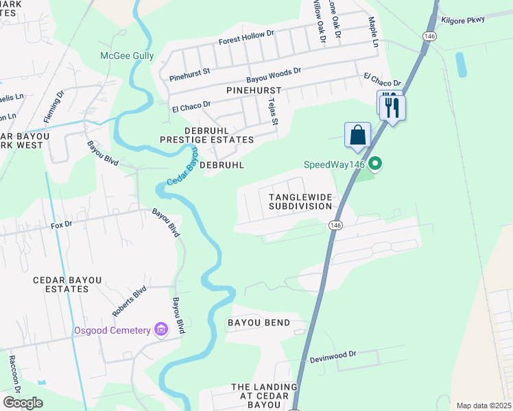 map of restaurants, bars, coffee shops, grocery stores, and more near 6719 Zeenat Boulevard in Baytown
