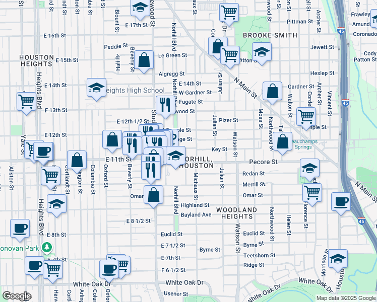 map of restaurants, bars, coffee shops, grocery stores, and more near 1014 Key Street in Houston