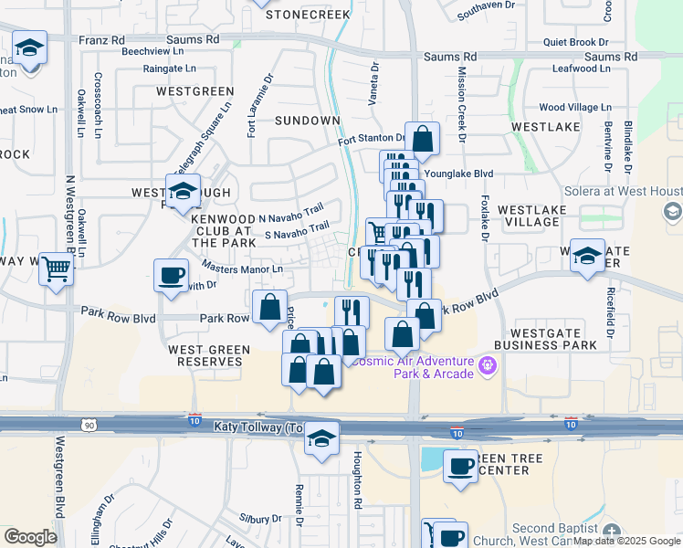 map of restaurants, bars, coffee shops, grocery stores, and more near 1707 North Fry Road in Katy