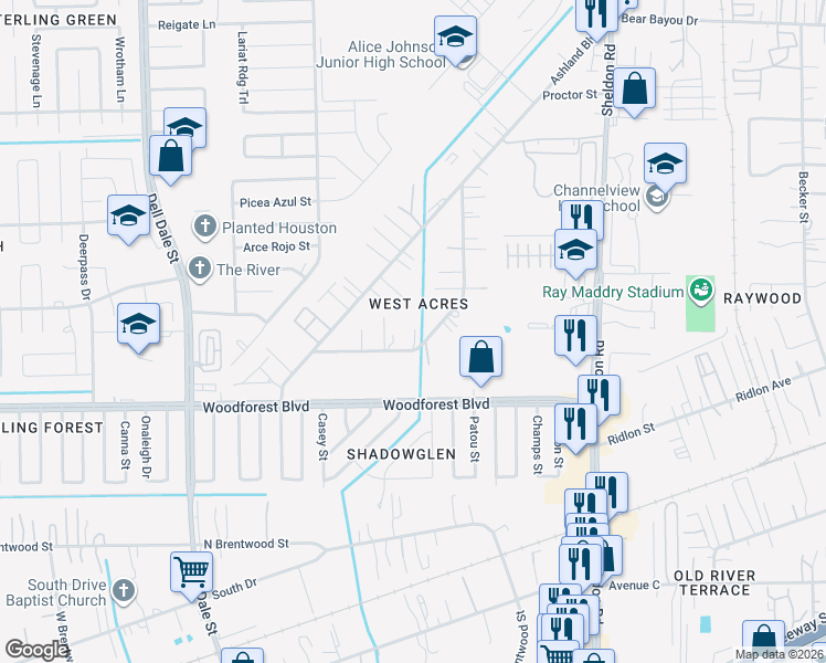 map of restaurants, bars, coffee shops, grocery stores, and more near in Channelview