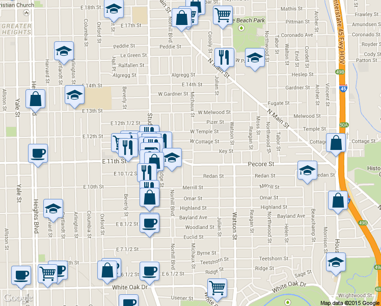 map of restaurants, bars, coffee shops, grocery stores, and more near 1014 Key Street in Houston