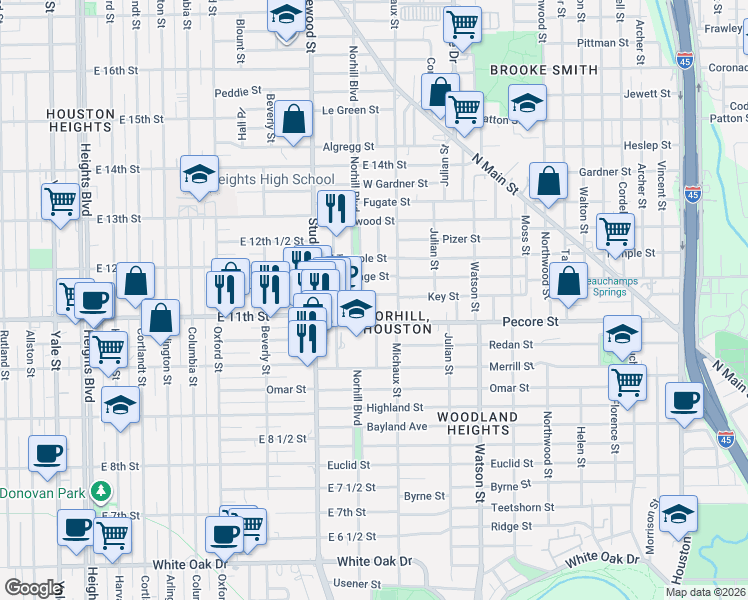 map of restaurants, bars, coffee shops, grocery stores, and more near 1014 Key Street in Houston