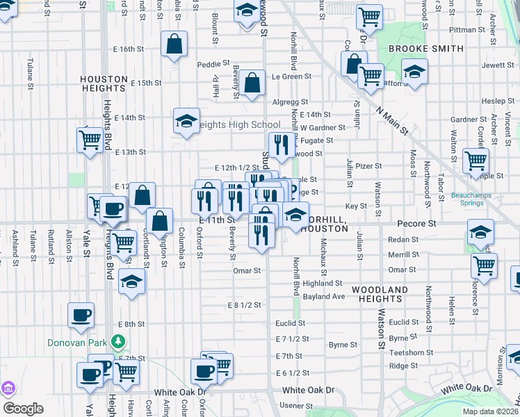 map of restaurants, bars, coffee shops, grocery stores, and more near 1111 Studewood Street in Houston